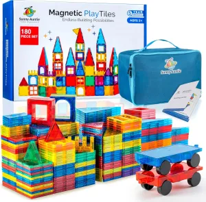 Magnetic Tiles 180 PCS  Bonus Zippered CASE, Magnetic Tiles for Kids Toy for 3 4 5 6 7 8 Year Old Boys & Girls, Great Gift for Kids Aged 3-8, XL Set
