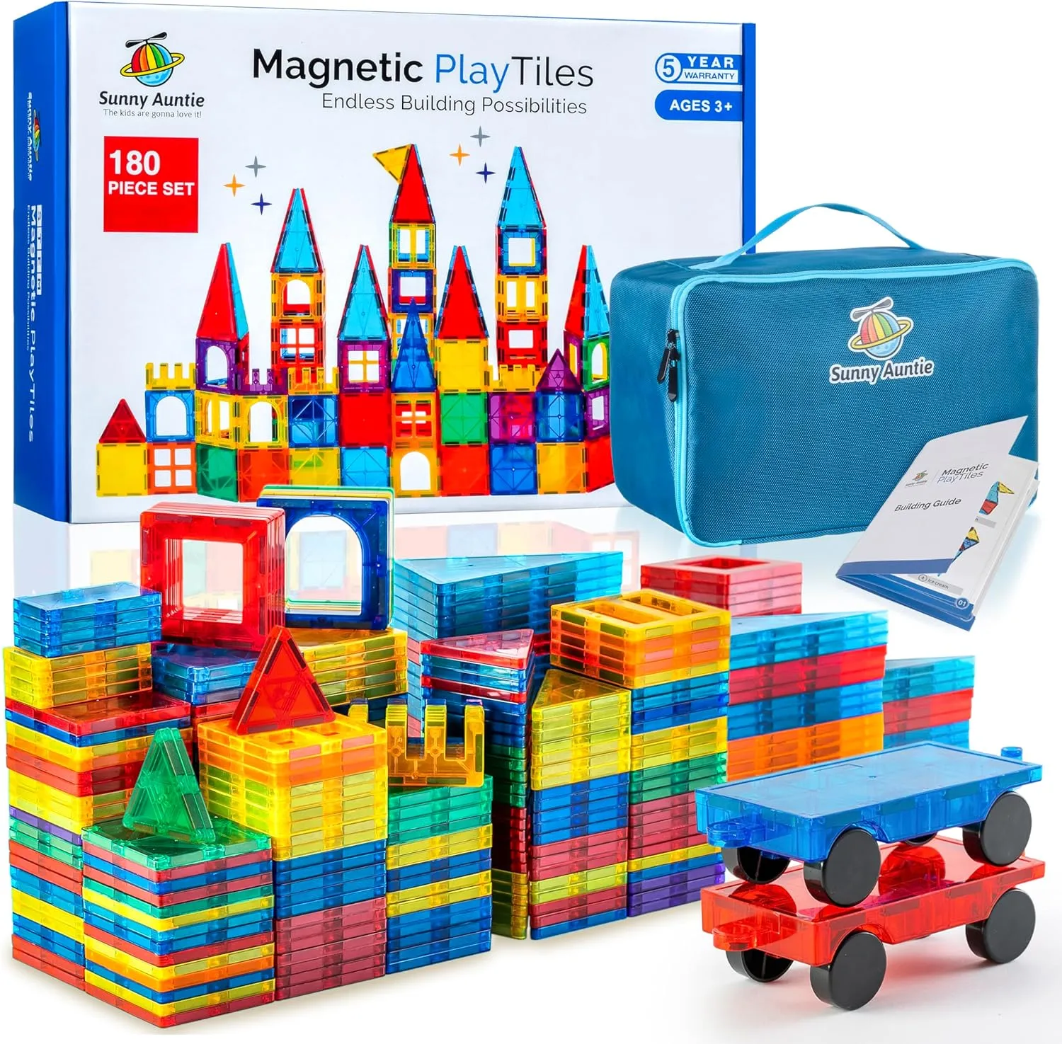 Magnetic Tiles 180 PCS  Bonus Zippered CASE, Magnetic Tiles for Kids Toy for 3 4 5 6 7 8 Year Old Boys & Girls, Great Gift for Kids Aged 3-8, XL Set
