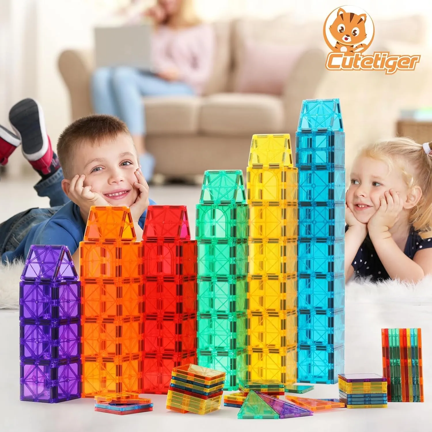 Magnetic Tiles, Magnet Tiles, 100 Pcs Magnetic Building Blocks No Cars, Square Building Castle, Preschool Toys, STEM Stacking Construction Montessori Toys for Kids