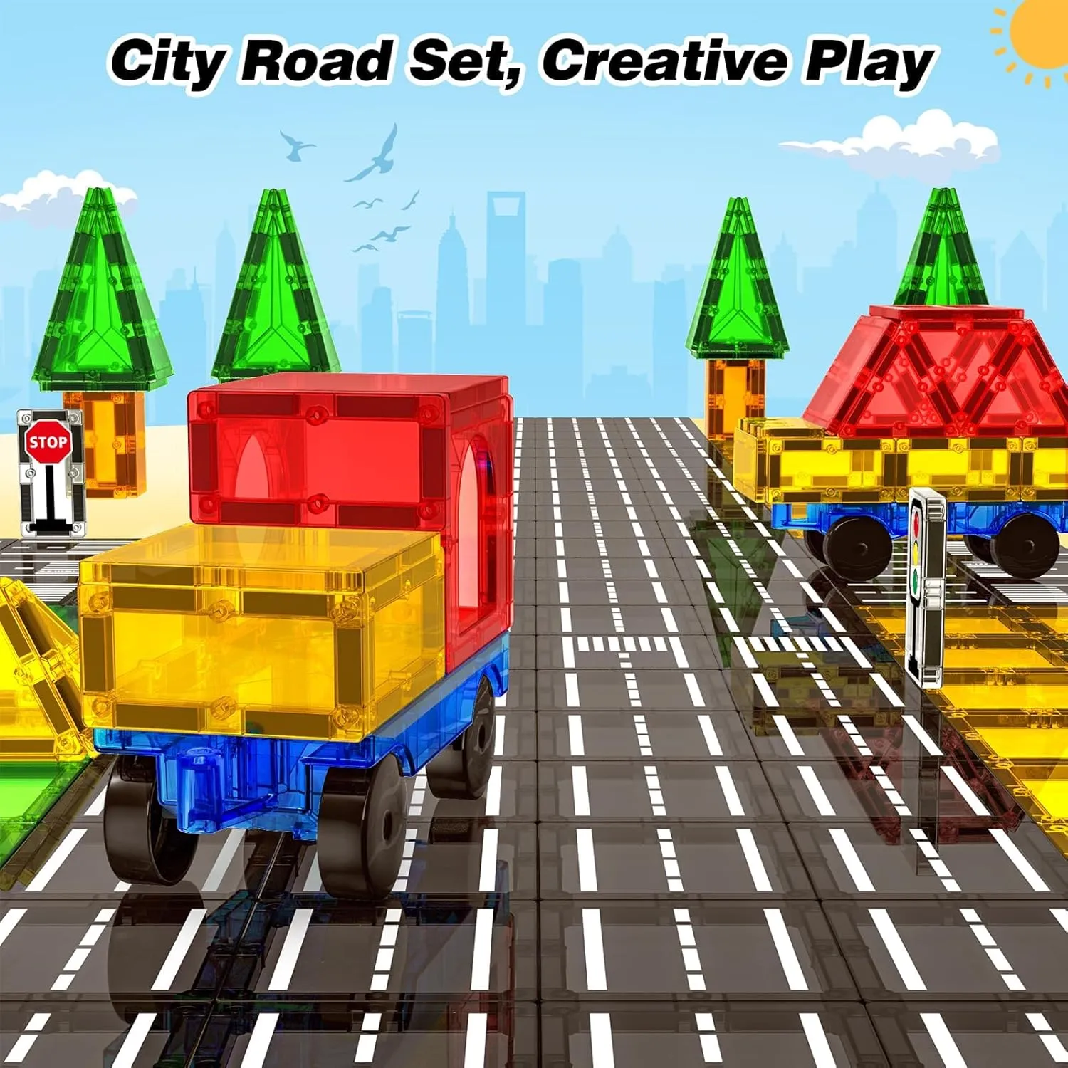 Magnetic Tiles Road Sets with Car, Magnetic Building Blocks Toys for 3  Year Old Boys Girls, Montessori Magnet Kids Toys, Construction Toys for Ages 3 4 5 6 7 8 Christmas Birthday Gifts for Toddlers
