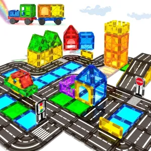 Magnetic Tiles Road Sets with Car, Magnetic Building Blocks Toys for 3  Year Old Boys Girls, Montessori Magnet Kids Toys, Construction Toys for Ages 3 4 5 6 7 8 Christmas Birthday Gifts for Toddlers
