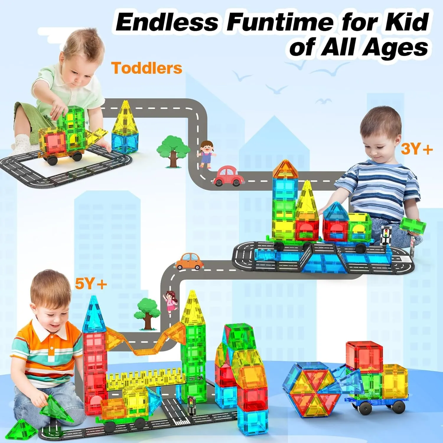 Magnetic Tiles Road Sets with Car, Magnetic Building Blocks Toys for 3  Year Old Boys Girls, Montessori Magnet Kids Toys, Construction Toys for Ages 3 4 5 6 7 8 Christmas Birthday Gifts for Toddlers