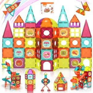 Magnetic Tiles,2.95 inch Large Magnetic Blocks Sensory Toys for Toddler 4-8,120Pcs Magnet Building Blocks Montessori Kids Toys for Ages 5-7,Construction Toys Gift for Boys Girls 3 6 9  Year Old