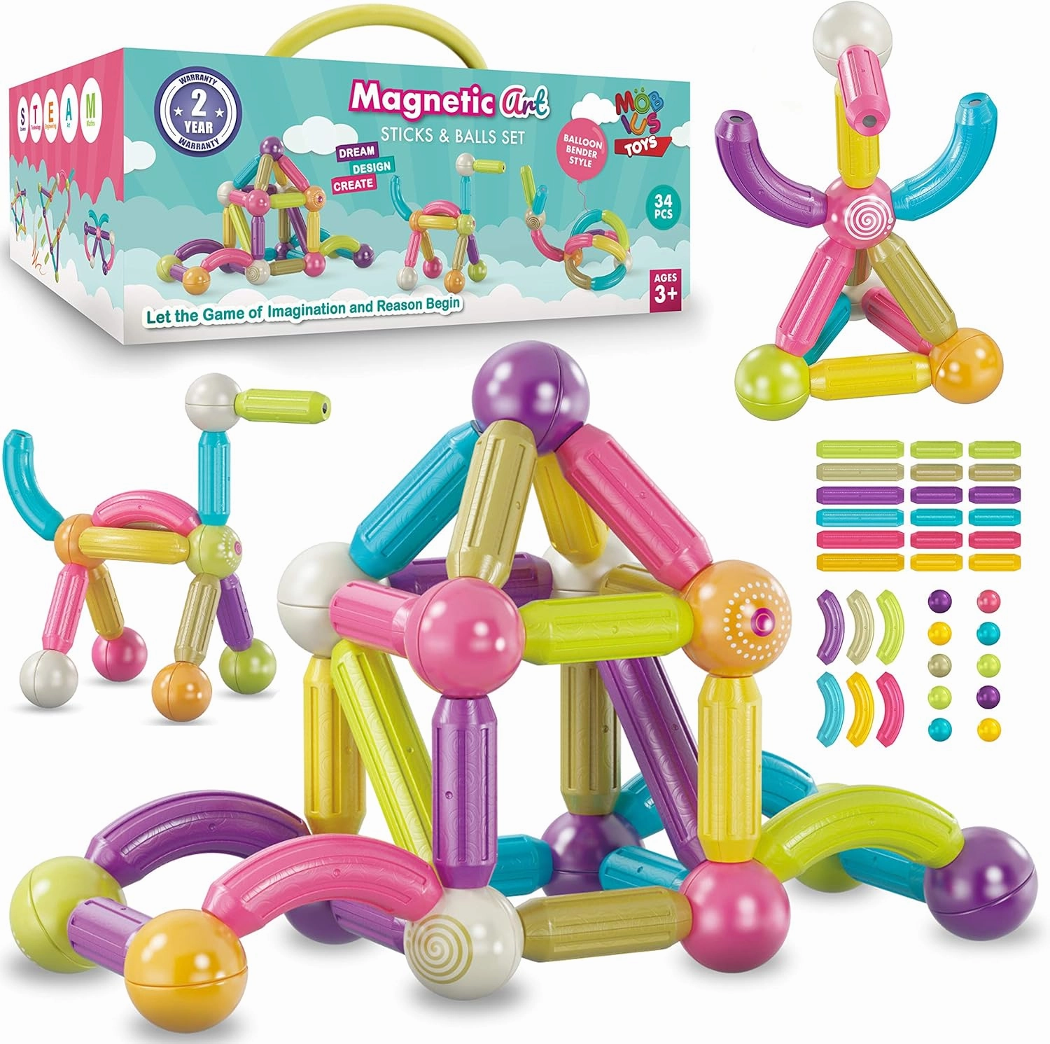 Magnetic Balls and Rods Set | 34 PCS Educational Magnet Building Blocks – Vibrant Colors, Different Sizes & Curved Shapes   Instructions Manual – Developmental STEAM Toys for Boys & Girls 3 4 5 6 7