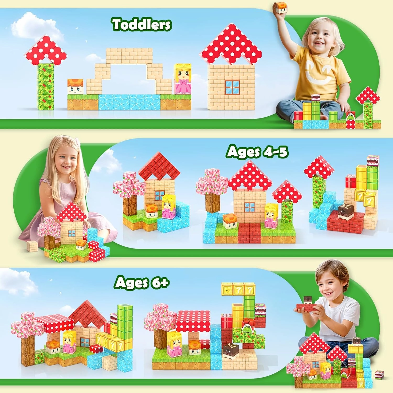 Magnetic Blocks - Build Mine Magnet World Magic Teleport Pipes Set, 1'' Magnetic Building Blocks Toddler Creative Kids Toys, STEM Sensory Outdoor Toys for 3  Year Old Boys & Girls