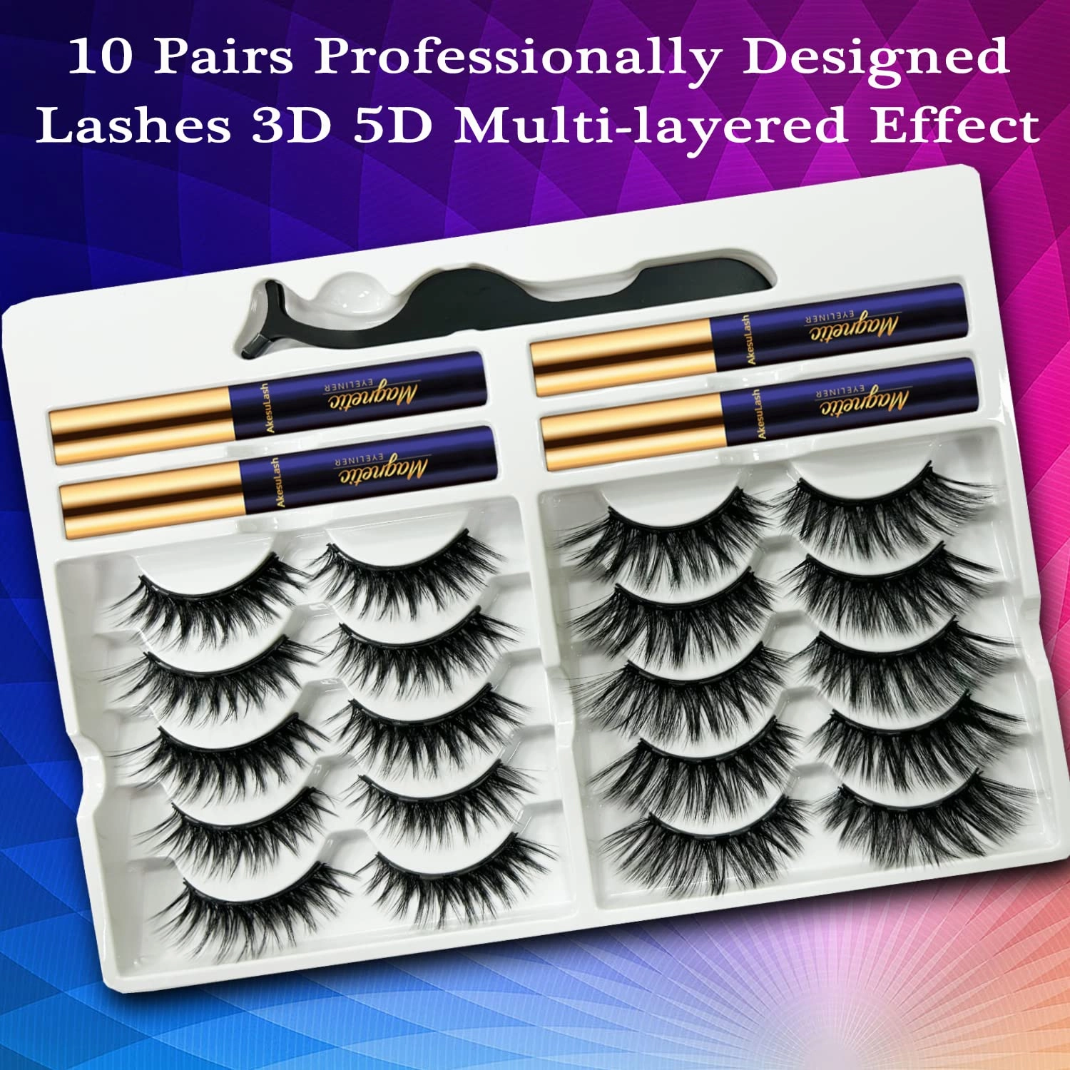 Magnetic Eyelashes - 10 Pairs 3D Medium Cat-eye Magnetic Lashes - 4 Tube of Magnetic Eyeliner - Upgrad Long Lasting,Reusable,With Applicator - Easy to Apply