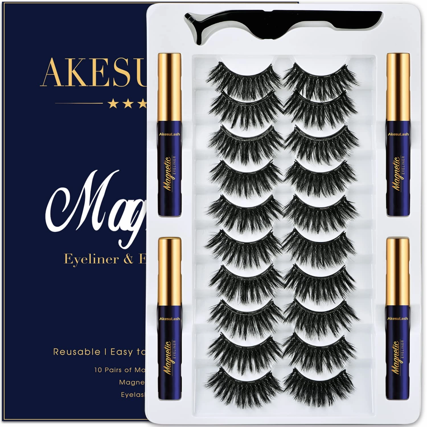 Magnetic Eyelashes Magnetic Lashes Natural Look with Eyeliner,10 Pairs Reusable Full Volume Cat Eye Magnetic Eye Lash kit with Applicator - Upgraded Long Lasting,- Easy Magnetized Eyelashes