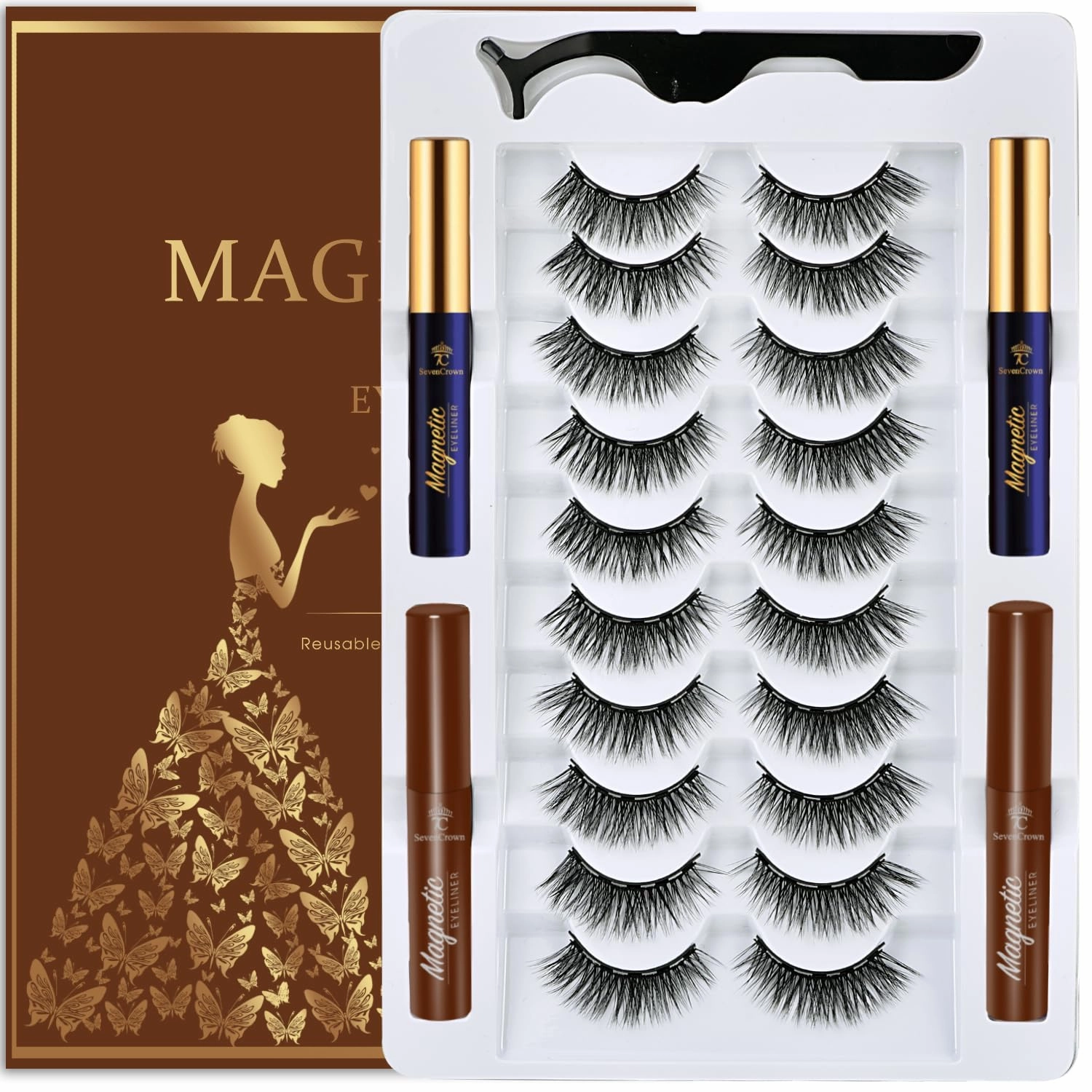 Magnetic Eyelashes Magnetic Lashes Natural Looking with Eyeliner,10 Pairs Medium Wispy Cat Eye Magnetic False Eyelashes,Upgraded Long Lasting,Reusable,Lightweight,（2 black 2brown)