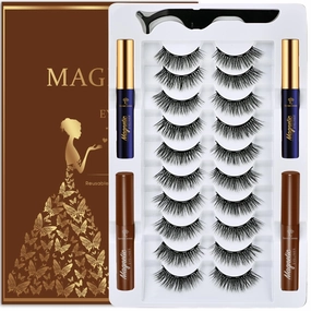 Magnetic Eyelashes Magnetic Lashes Natural Looking with Eyeliner,10 Pairs Medium Wispy Cat Eye Magnetic False Eyelashes,Upgraded Long Lasting,Reusable,Lightweight,（2 black 2brown)