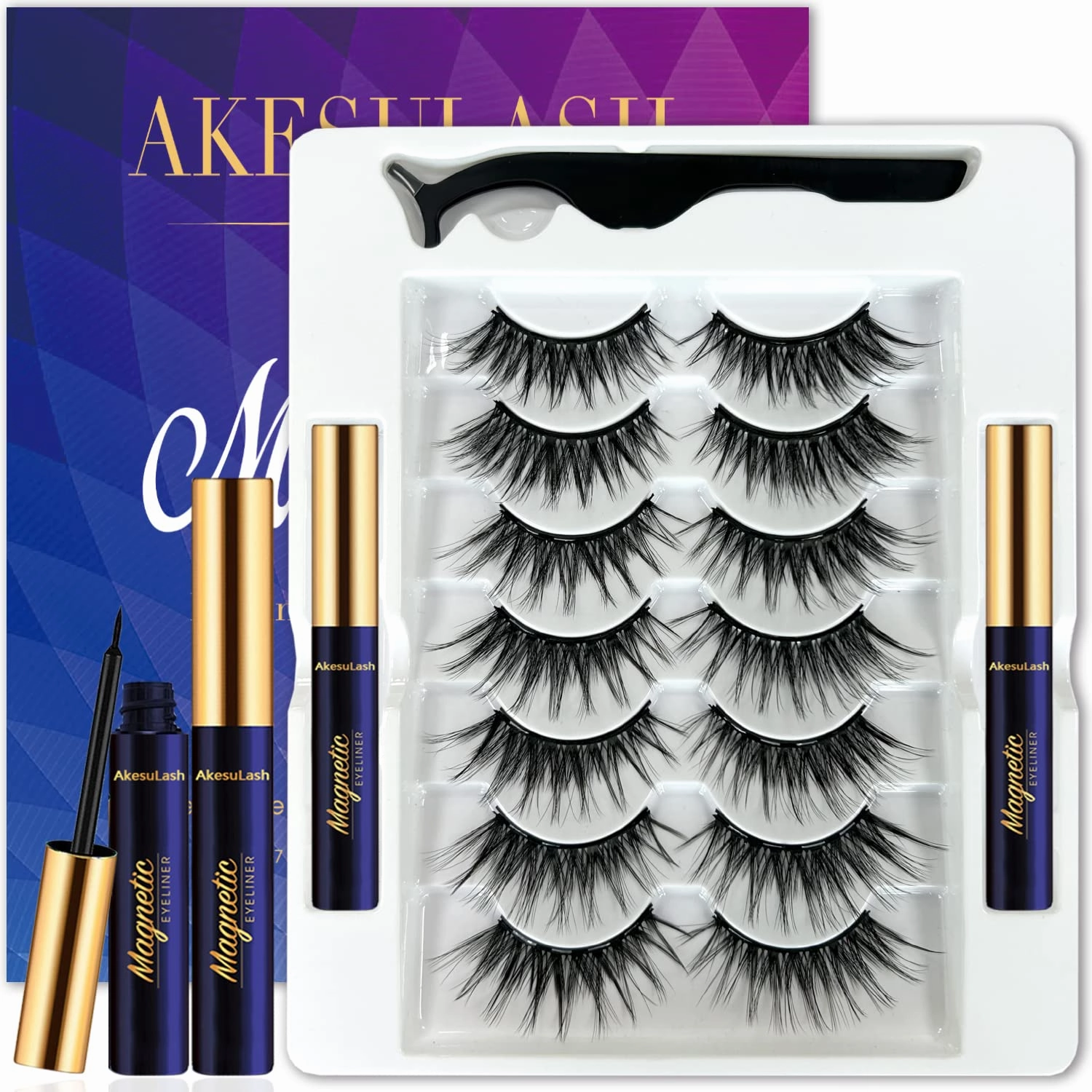 Magnetic Eyelashes Natural Look - 3D Cat-eye Wispy Magnetic Lashes with Applicator,2 Tubes of Magnetic Liner,Updated Strongest Reusable, Easy to Apply, Cruelty-Free,7 Pairs