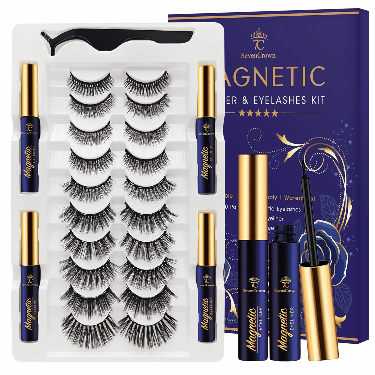 Magnetic Eyelashes with Eyeliner Kit - SevenCrown Magnetic Lashes Natural Looking with 4 Tubes of Magnetic Liner Upgraded,Waterproof,Long Lasting - 10 Pairs Reusable Magnetic Eyelash Kit with Applicator, Easy to Apply.