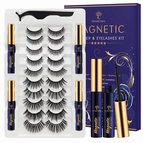 Magnetic Eyelashes with Eyeliner Kit - SevenCrown Magnetic Lashes Natural Looking with 4 Tubes of Magnetic Liner Upgraded,Waterproof,Long Lasting - 10 Pairs Reusable Magnetic Eyelash Kit with Applicator, Easy to Apply.