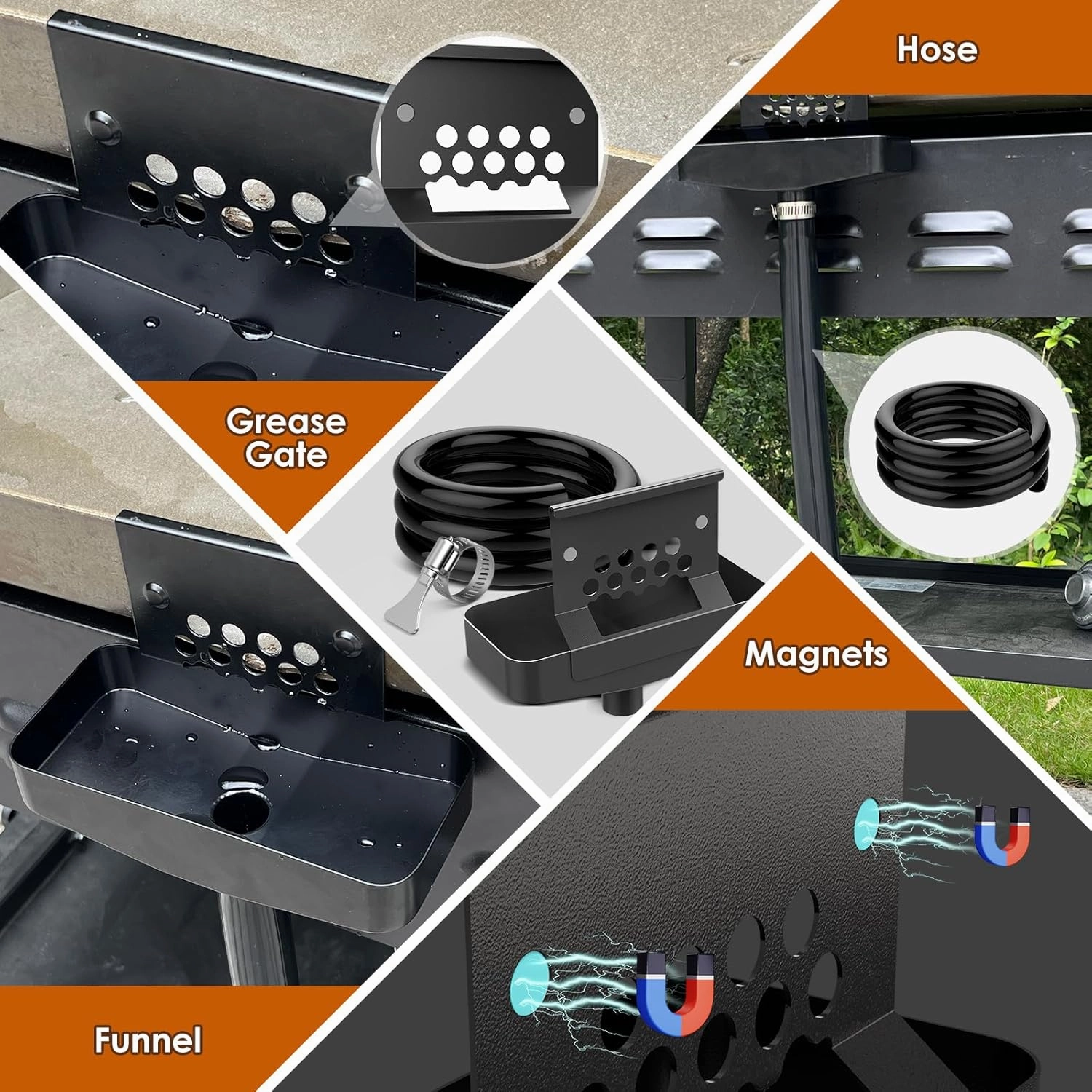 Magnetic Rear Grease Drainage Funnel for Blackstone Griddle Accessories Universal 17/22/28/36 with Integrated Grease Gate, Liners Saving Catcher Cup Compatible with Hood, Wind Guard