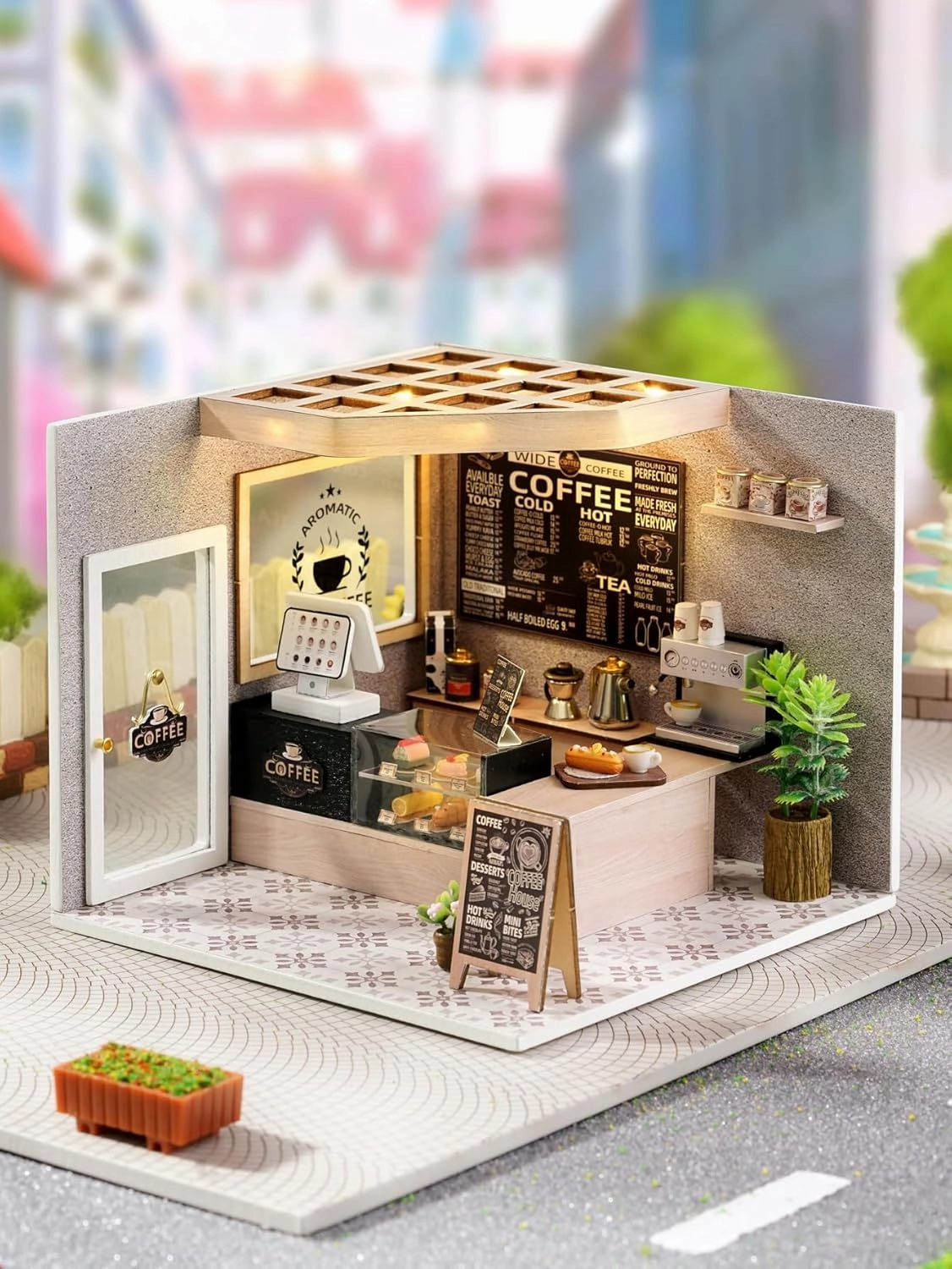 MAGQOO DIY Miniature Dollhouse Kit with Furniture 1:24 Scale Creative Room Mini Wooden Doll House Accessories DIY Miniature House Kit (Leisurely Coffee Shop)