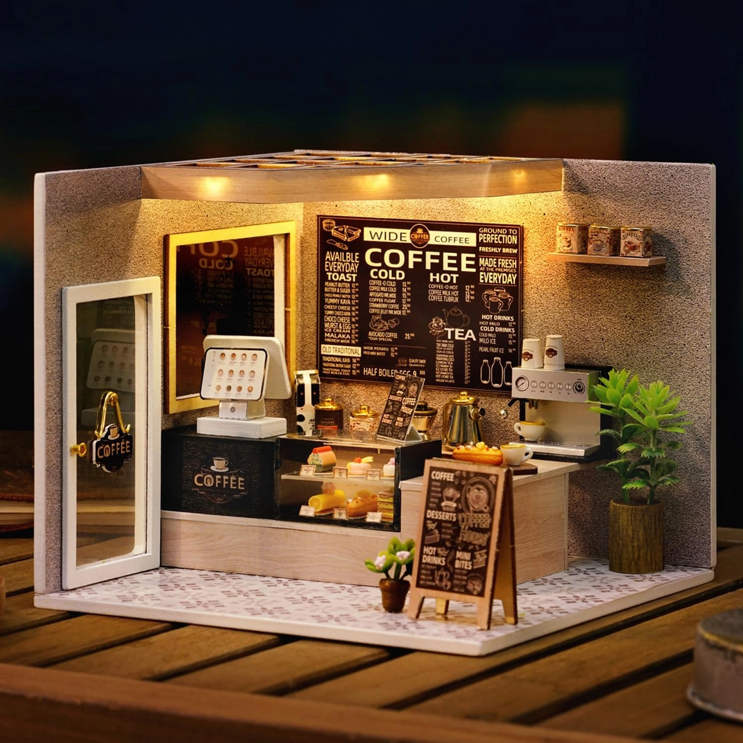 MAGQOO DIY Miniature Dollhouse Kit with Furniture 1:24 Scale Creative Room Mini Wooden Doll House Accessories DIY Miniature House Kit (Leisurely Coffee Shop)