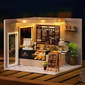MAGQOO DIY Miniature Dollhouse Kit with Furniture 1:24 Scale Creative Room Mini Wooden Doll House Accessories DIY Miniature House Kit (Leisurely Coffee Shop)