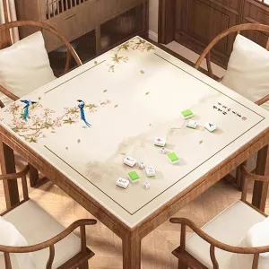 Mahjong Mat with Carrying Bag, Beige Chinese Style Printing Round Table Cover for Poker Cards Mahjong Board Tile Games(47.24x47.24 in)