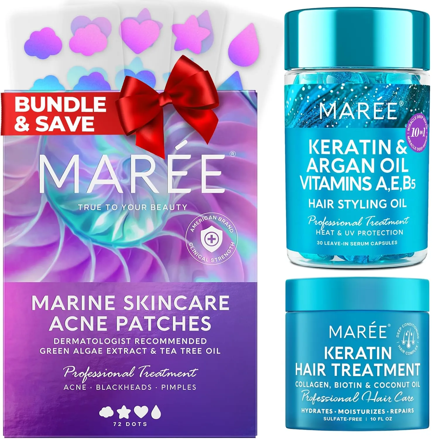MAREE Bundle - Acne Сlearing Devices, Hair Styling Serum, Hair Mask & Conditioner - Green Algae Extract & Tea Tree Oil - Keratin, Argan & Jojoba Oil - Acne Therapy- Leave-in Anti Frizz Conditioner