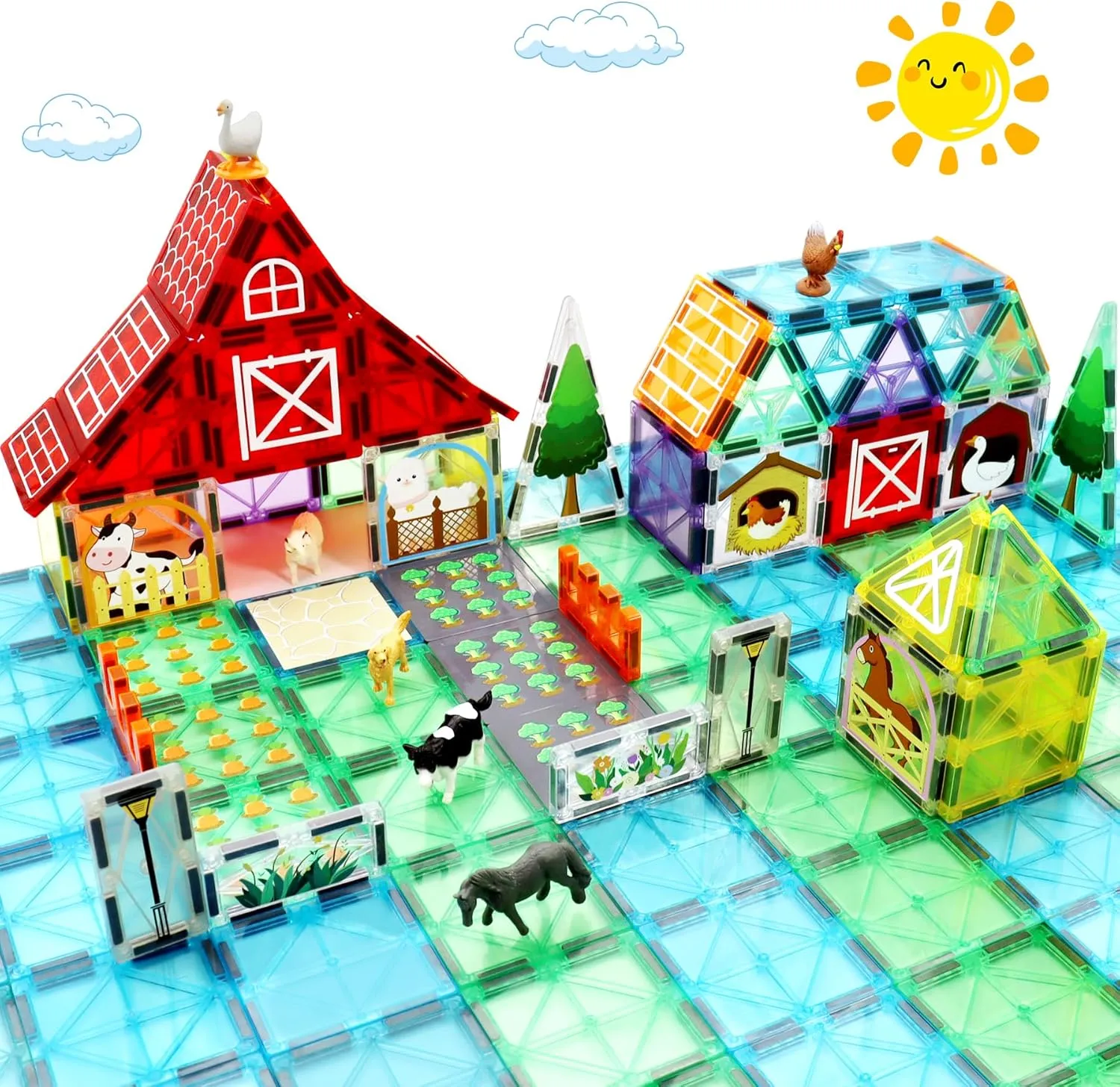 MAYAPHILOS Magnetic Tiles with Farm Animals, 76 PCS Magnetic Building Blocks with 6 PCS Animals, Montessori Sensory Magnet Toys for 3 4 5 6 Year Old Boys and Girls