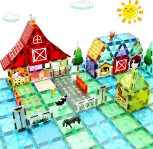 MAYAPHILOS Magnetic Tiles with Farm Animals, 76 PCS Magnetic Building Blocks with 6 PCS Animals, Montessori Sensory Magnet Toys for 3 4 5 6 Year Old Boys and Girls