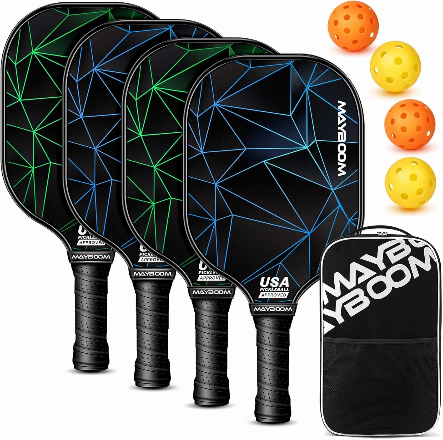 Mayboom Pickleball Paddles Set of 2 or 4, USAPA Approved Pickleball Paddles Set with 4 Pickleball Balls and Pickleball Carry Bag, Fiberglass Pickle Ball Rackets 2 Pack Gifts for Beginners&Pros