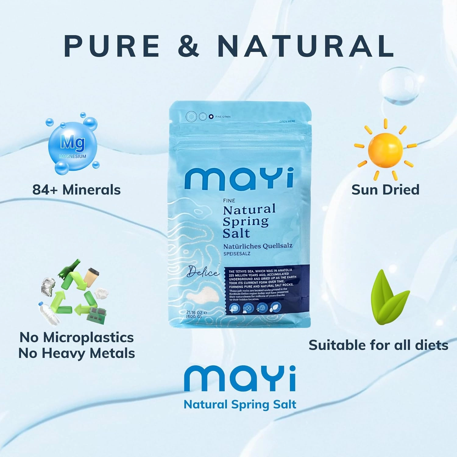 MAYİ Natural Spring Fine Ground Salt 1.2 lb - Hand-Harvested, Kosher, Microplastic-Free, Mineral-Rich for Electrolyte Drinks, Unrefined Healthy Salt for Cooking, Baking, Canning & Pickling