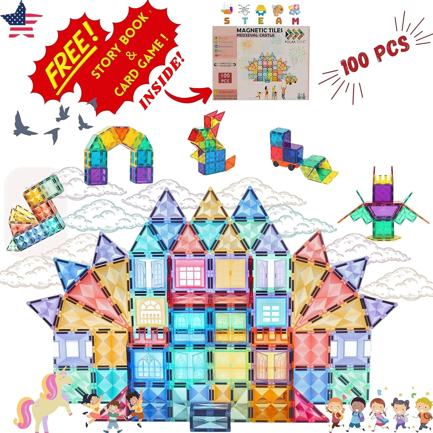 Medieval Castle Magnetic Tiles 100 Pcs Magnetic Building Blocks for Kids with Car, Geometric Shapes, Human Figurines Colorful STEM Learning Montessori Toy for Boys Girls Ages 3 4 5 6 7 8 