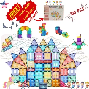 Medieval Castle Magnetic Tiles 100 Pcs Magnetic Building Blocks for Kids with Car, Geometric Shapes, Human Figurines Colorful STEM Learning Montessori Toy for Boys Girls Ages 3 4 5 6 7 8 