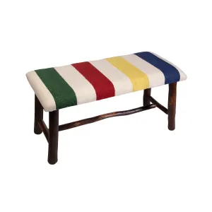Medium Colorblock Hand-Hooked Wool and Hickory Bench