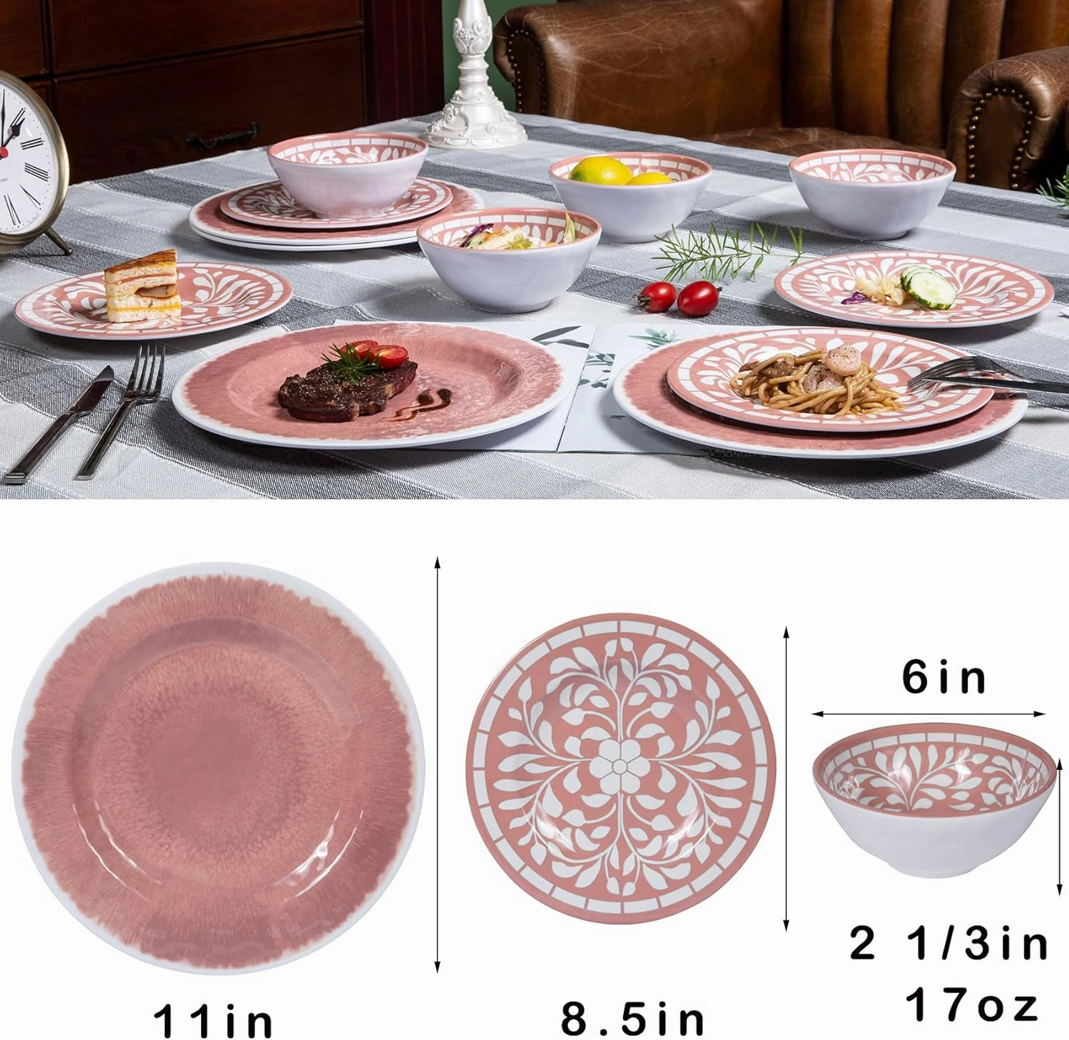 Melamine Dinnerware Sets - 12 Pcs Dinner Dishes Set for Indoor Outdoor use, Dishwasher Safe, Pink