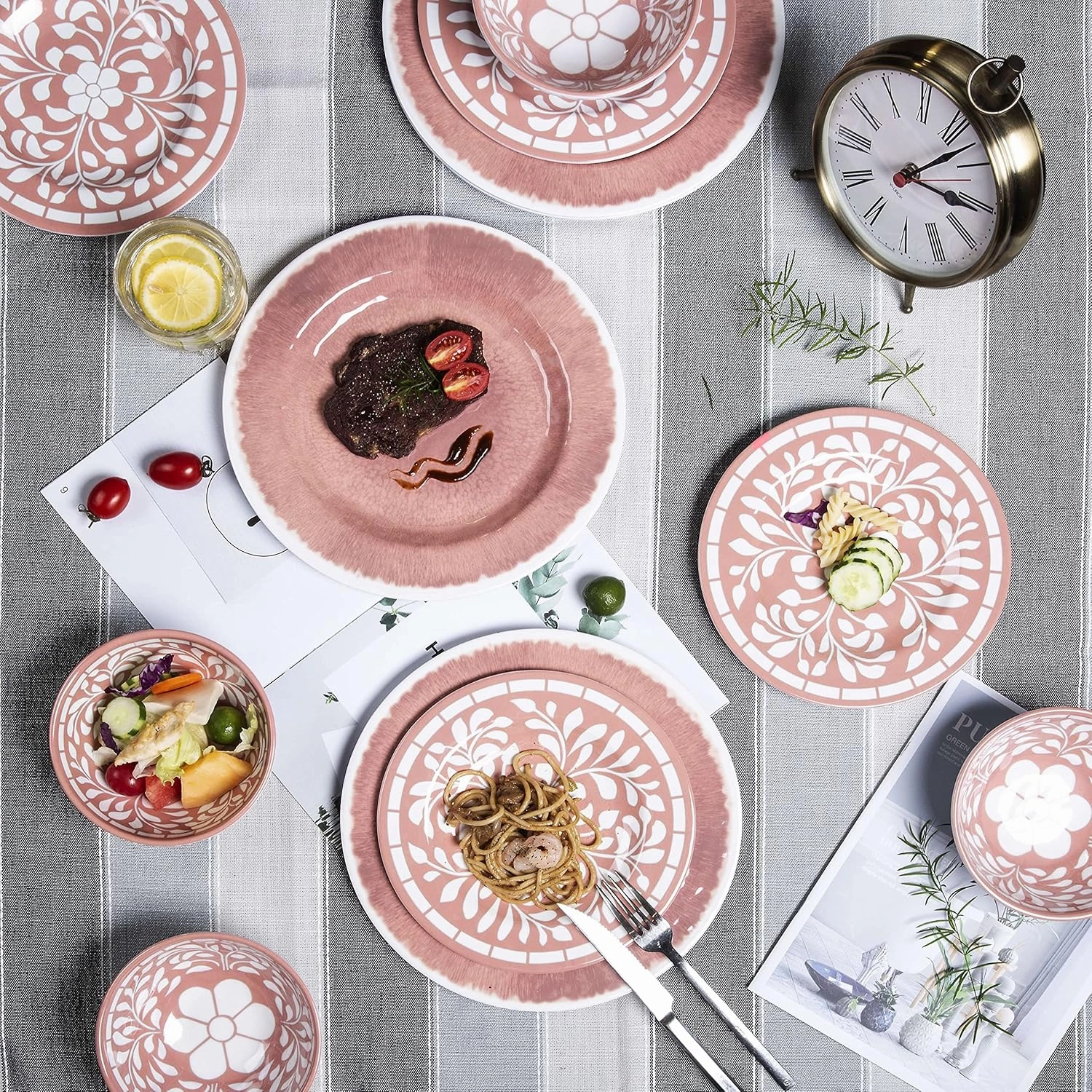 Melamine Dinnerware Sets - 12 Pcs Dinner Dishes Set for Indoor Outdoor use, Dishwasher Safe, Pink