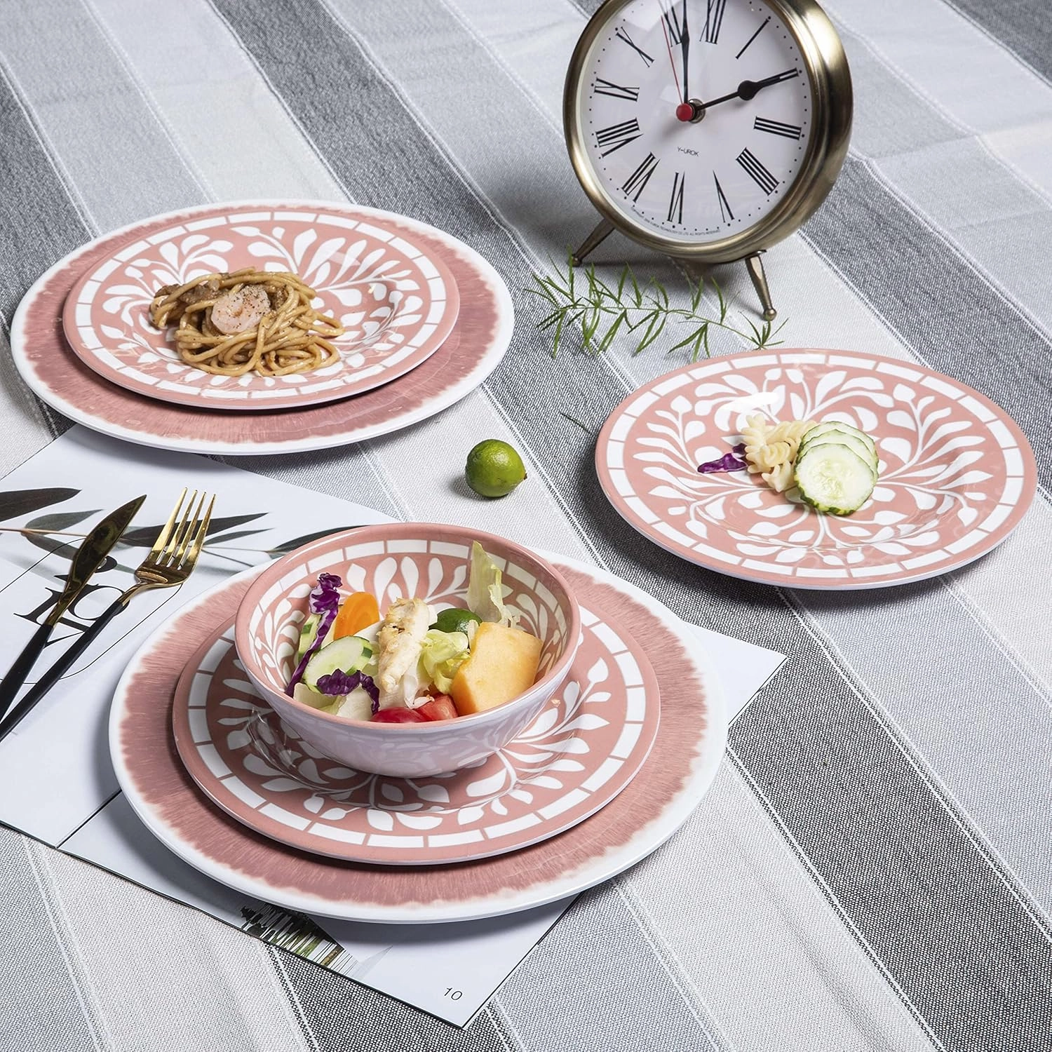 Melamine Dinnerware Sets - 12 Pcs Dinner Dishes Set for Indoor Outdoor use, Dishwasher Safe, Pink