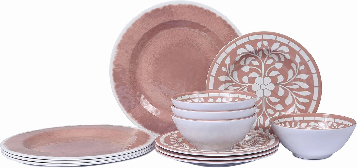 Melamine Dinnerware Sets - 12 Pcs Dinner Dishes Set for Indoor Outdoor use, Dishwasher Safe, Pink