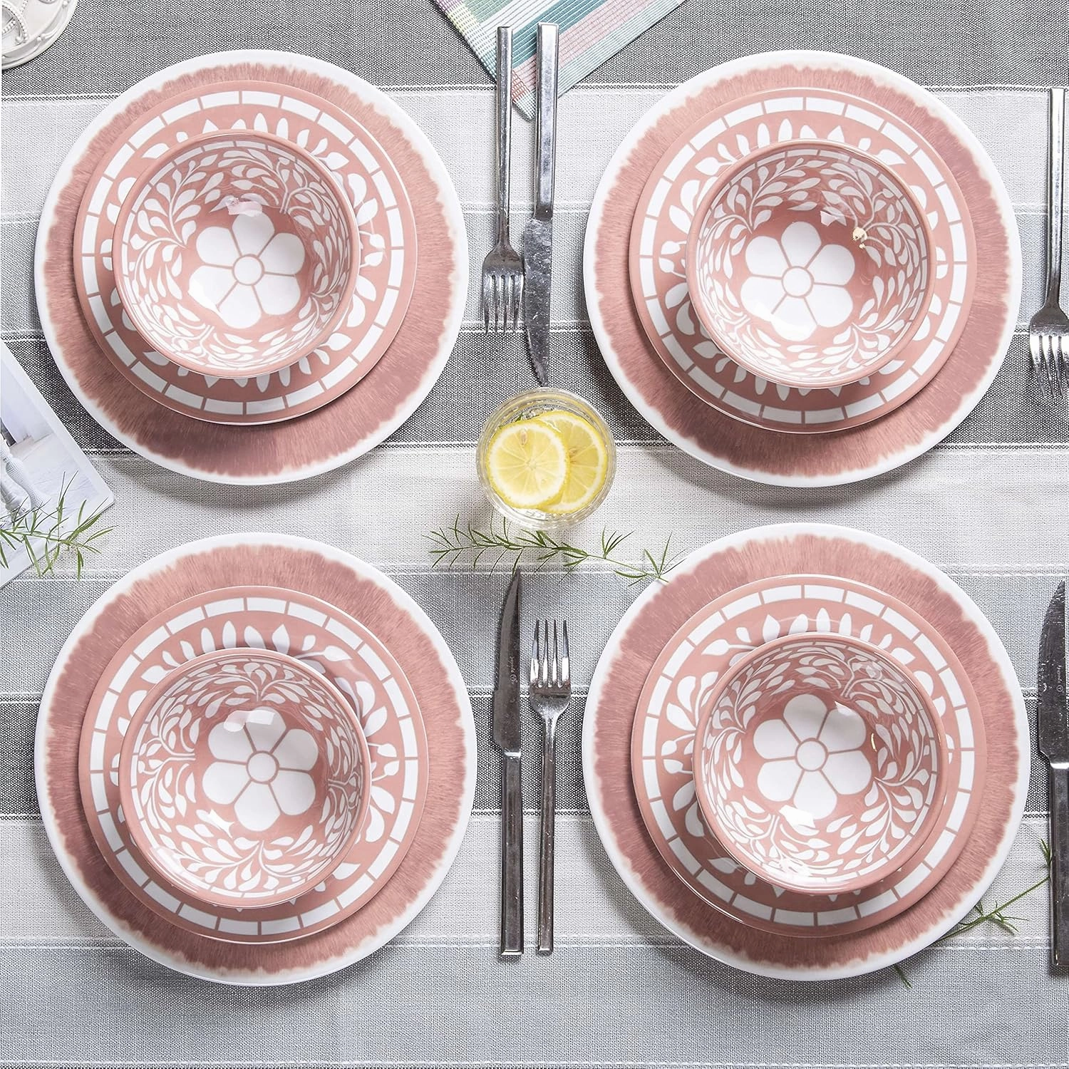 Melamine Dinnerware Sets - 12 Pcs Dinner Dishes Set for Indoor Outdoor use, Dishwasher Safe, Pink