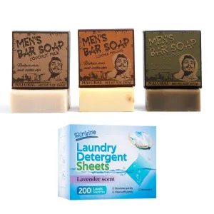 Men's Grooming & Laundry Bundle - 3 Natural Bar Soaps (5oz x 3)   100 Lavender Laundry Sheets - Eco-Friendly, Travel-Ready, Long-Lasting Freshness