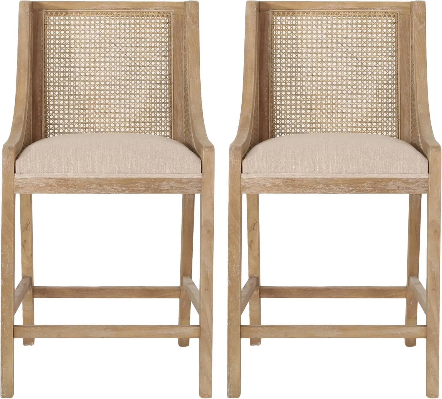 Merax 25.5" Fabric Upholstered Wood and Cane Counter Stools with Backrest,Set of 2,French Country Barstools