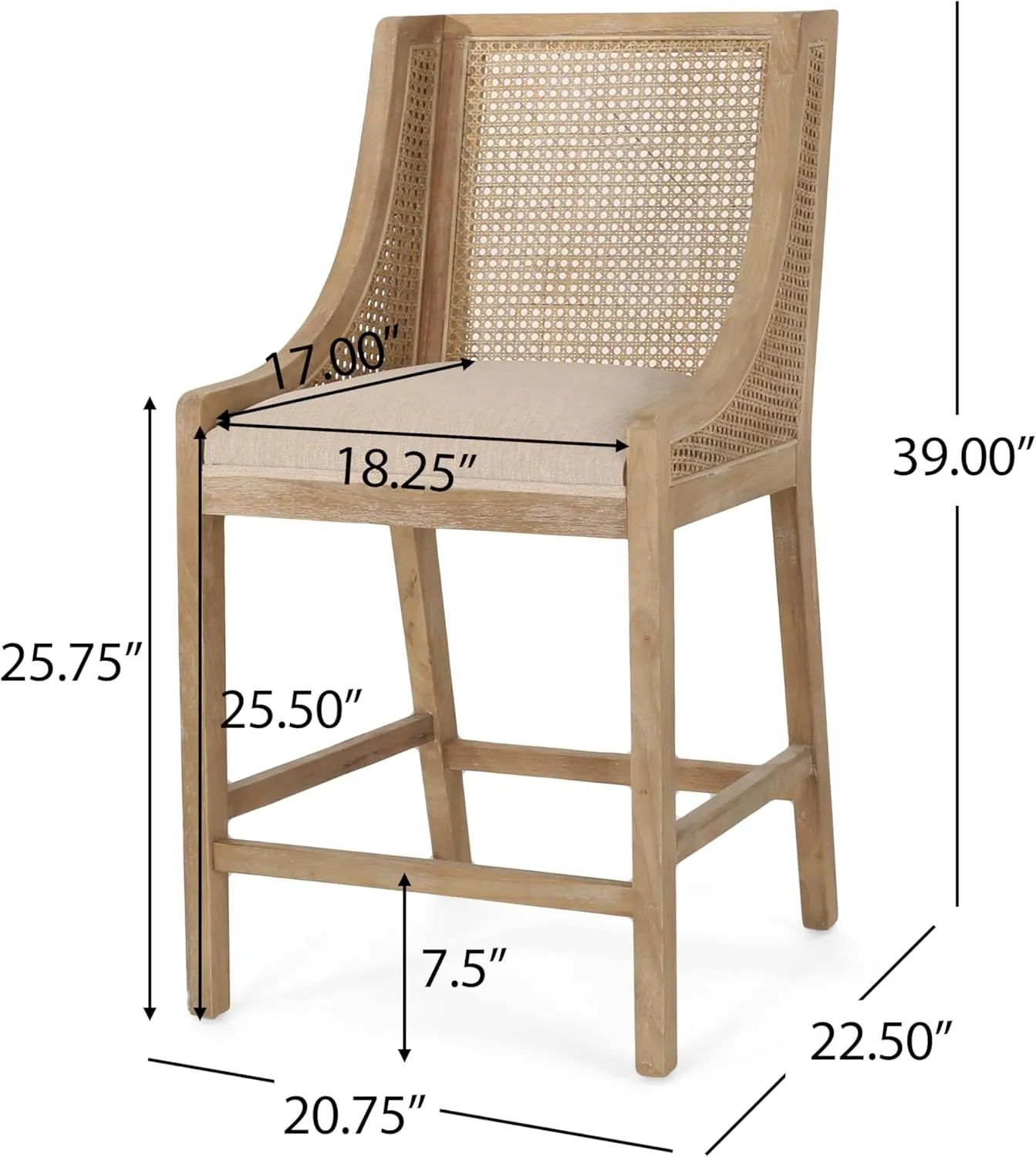 Merax 25.5" Fabric Upholstered Wood and Cane Counter Stools with Backrest,Set of 2,French Country Barstools