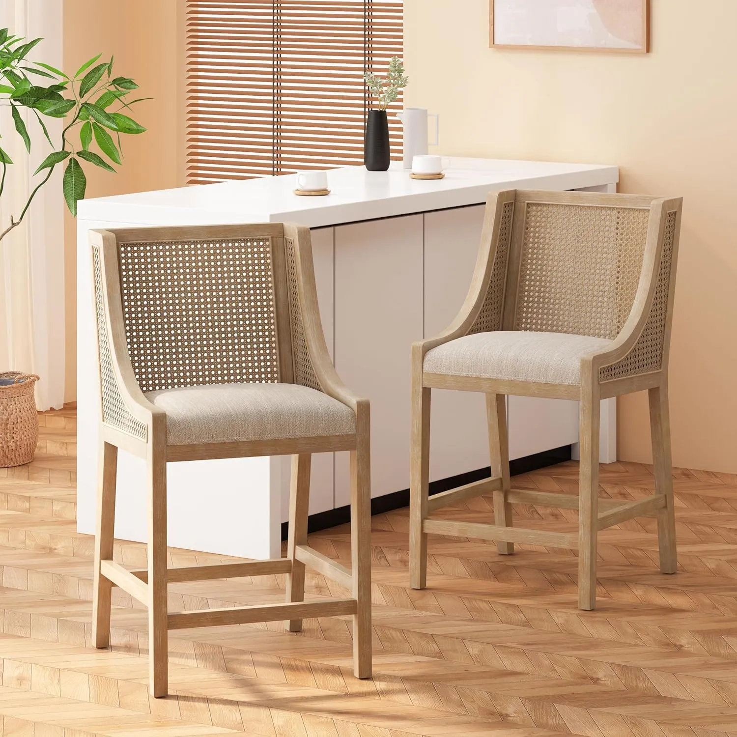 Merax 25.5" Fabric Upholstered Wood and Cane Counter Stools with Backrest,Set of 2,French Country Barstools