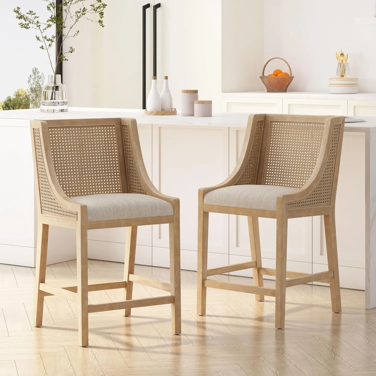 Merax 25.5" Fabric Upholstered Wood and Cane Counter Stools with Backrest,Set of 2,French Country Barstools