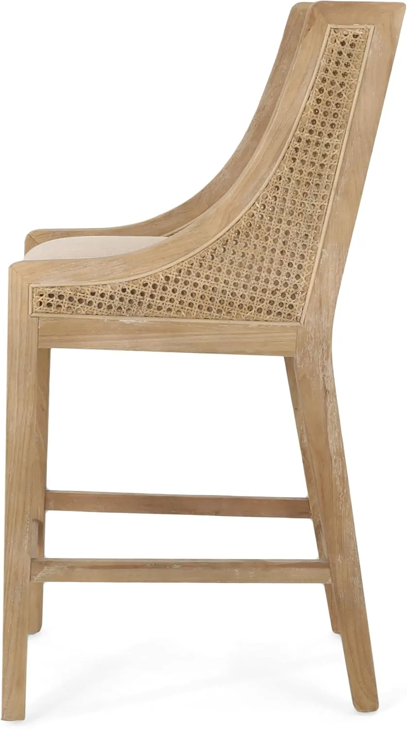 Merax 25.5" Fabric Upholstered Wood and Cane Counter Stools with Backrest,Set of 2,French Country Barstools
