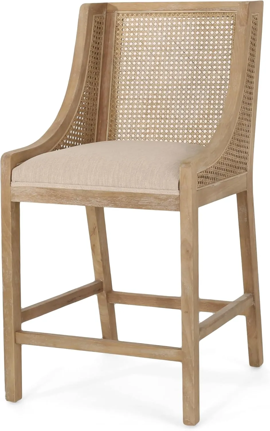 Merax 25.5" Fabric Upholstered Wood and Cane Counter Stools with Backrest,Set of 2,French Country Barstools