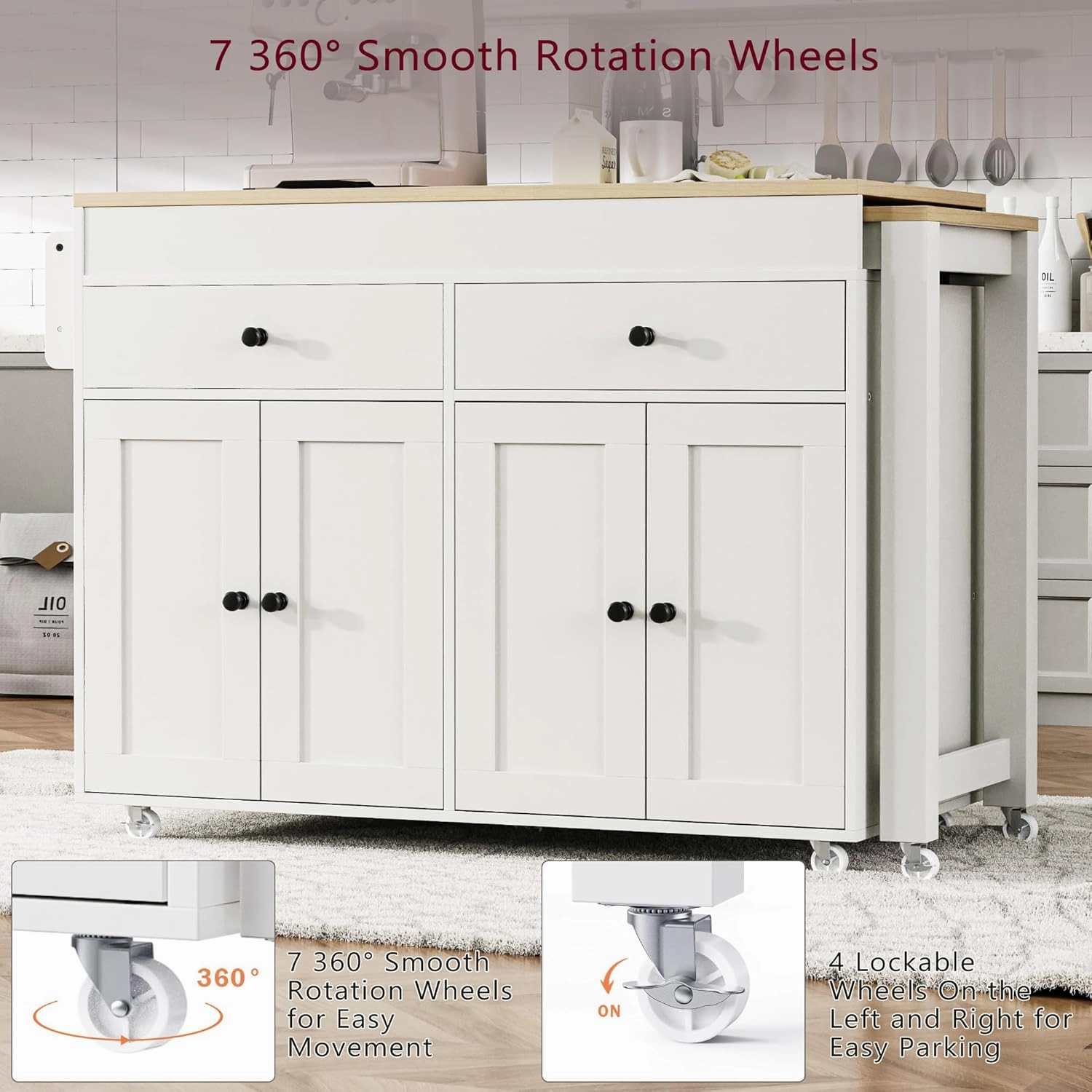 Merax 74.5" Kitchen Island with Extendable Dining Table, Rolling Kitchen Storage Cart on Wheels with Spice Rack & 2 Drawers & 4 Door Cabinet for Dining Room, White