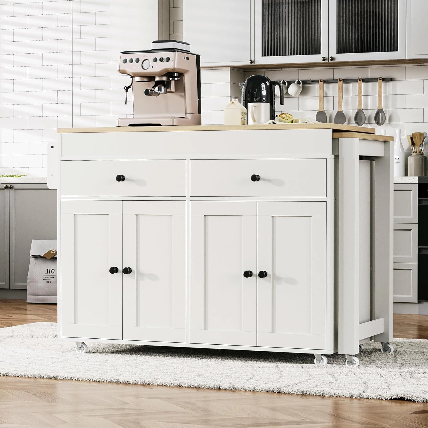 Merax 74.5" Kitchen Island with Extendable Dining Table, Rolling Kitchen Storage Cart on Wheels with Spice Rack & 2 Drawers & 4 Door Cabinet for Dining Room, White