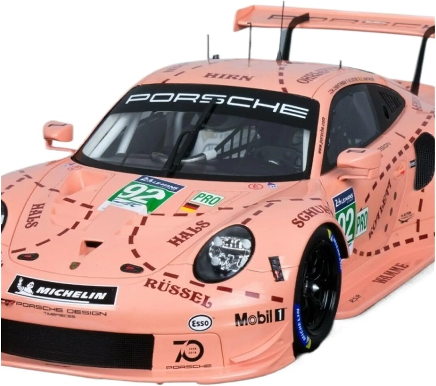 Metal Toy Vehicle Alloy Racing Model 1/18 Porsche Genuine 911 RSR 2018 Pink Pig Le Mans Car Collection Ornament Scale Vehicles
