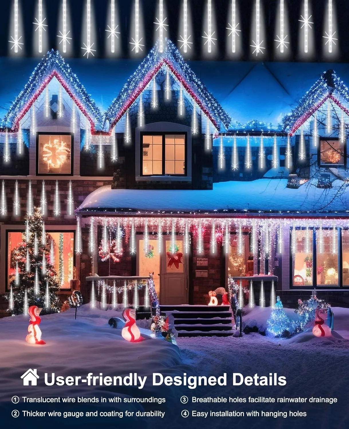 Meteor Shower Lights Outdoor, 20 inch 20 Tube 1080 LEDs White Meteor Lamp, Cascading Falling Rain Light, Raindrop Snowfall Icicle Lights for Tree Yard Party Patio Christmas Decoration