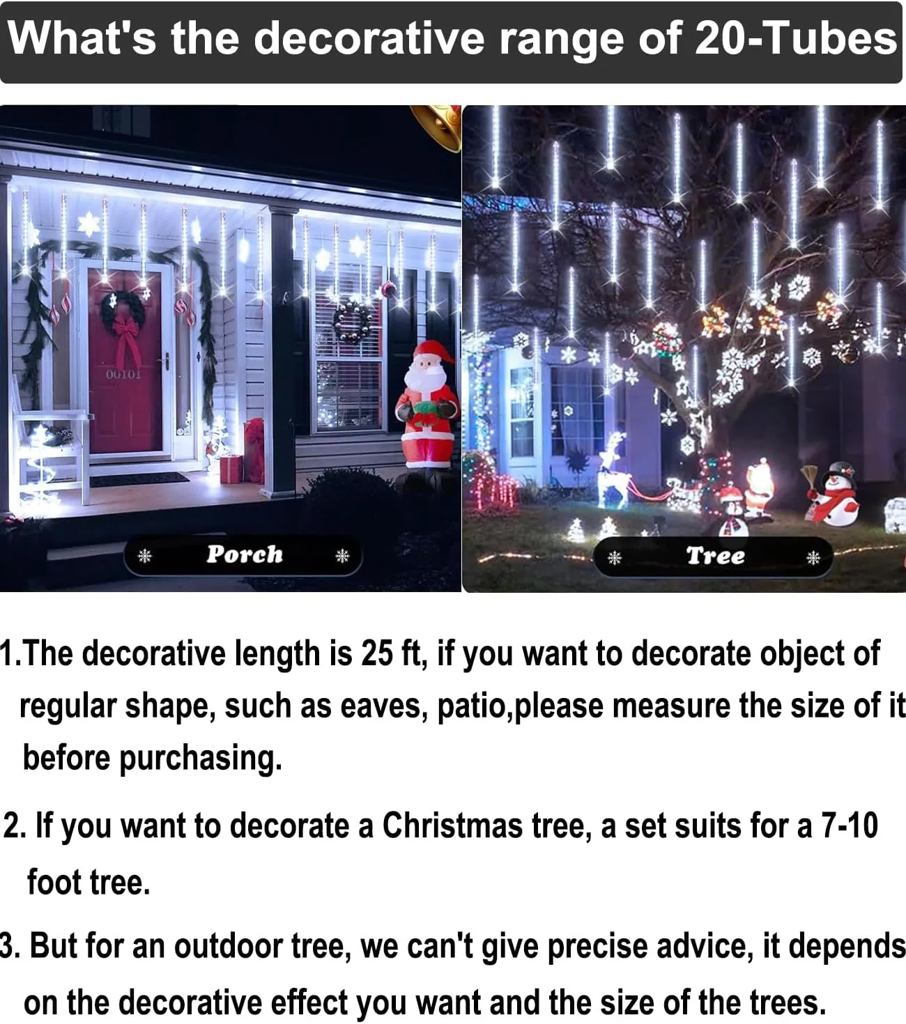Meteor Shower Lights Outdoor, 20 inch 20 Tube 1080 LEDs White Meteor Lamp, Cascading Falling Rain Light, Raindrop Snowfall Icicle Lights for Tree Yard Party Patio Christmas Decoration