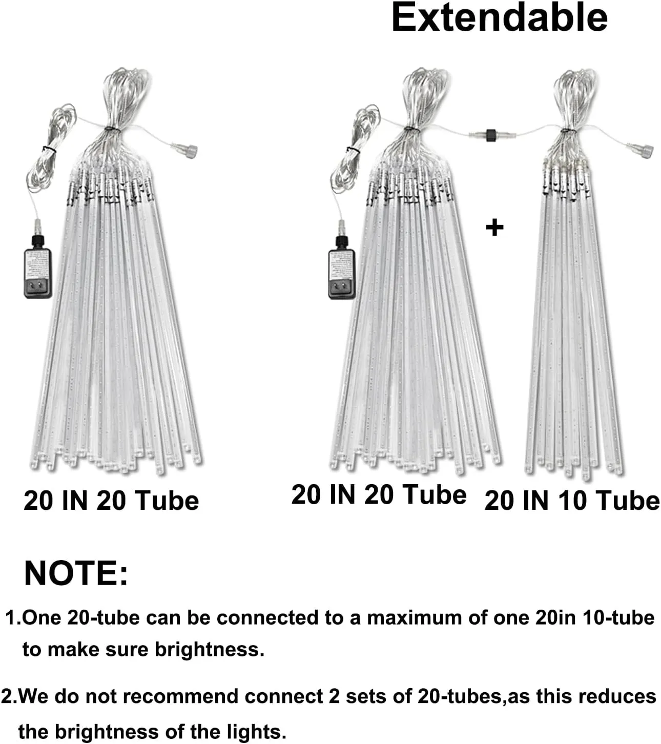Meteor Shower Lights Outdoor, 20 inch 20 Tube 1080 LEDs White Meteor Lamp, Cascading Falling Rain Light, Raindrop Snowfall Icicle Lights for Tree Yard Party Patio Christmas Decoration