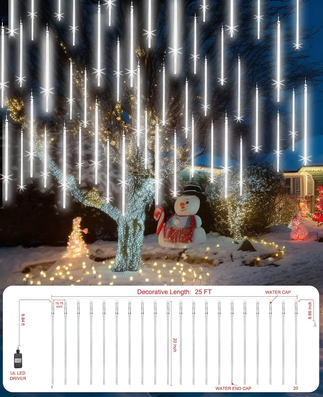 Meteor Shower Lights Outdoor, 20 inch 20 Tube 1080 LEDs White Meteor Lamp, Cascading Falling Rain Light, Raindrop Snowfall Icicle Lights for Tree Yard Party Patio Christmas Decoration