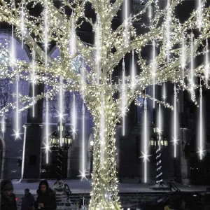 Meteor Shower Lights Outdoor, 20 inch 20 Tube 1080 LEDs White Meteor Lamp, Cascading Falling Rain Light, Raindrop Snowfall Icicle Lights for Tree Yard Party Patio Christmas Decoration