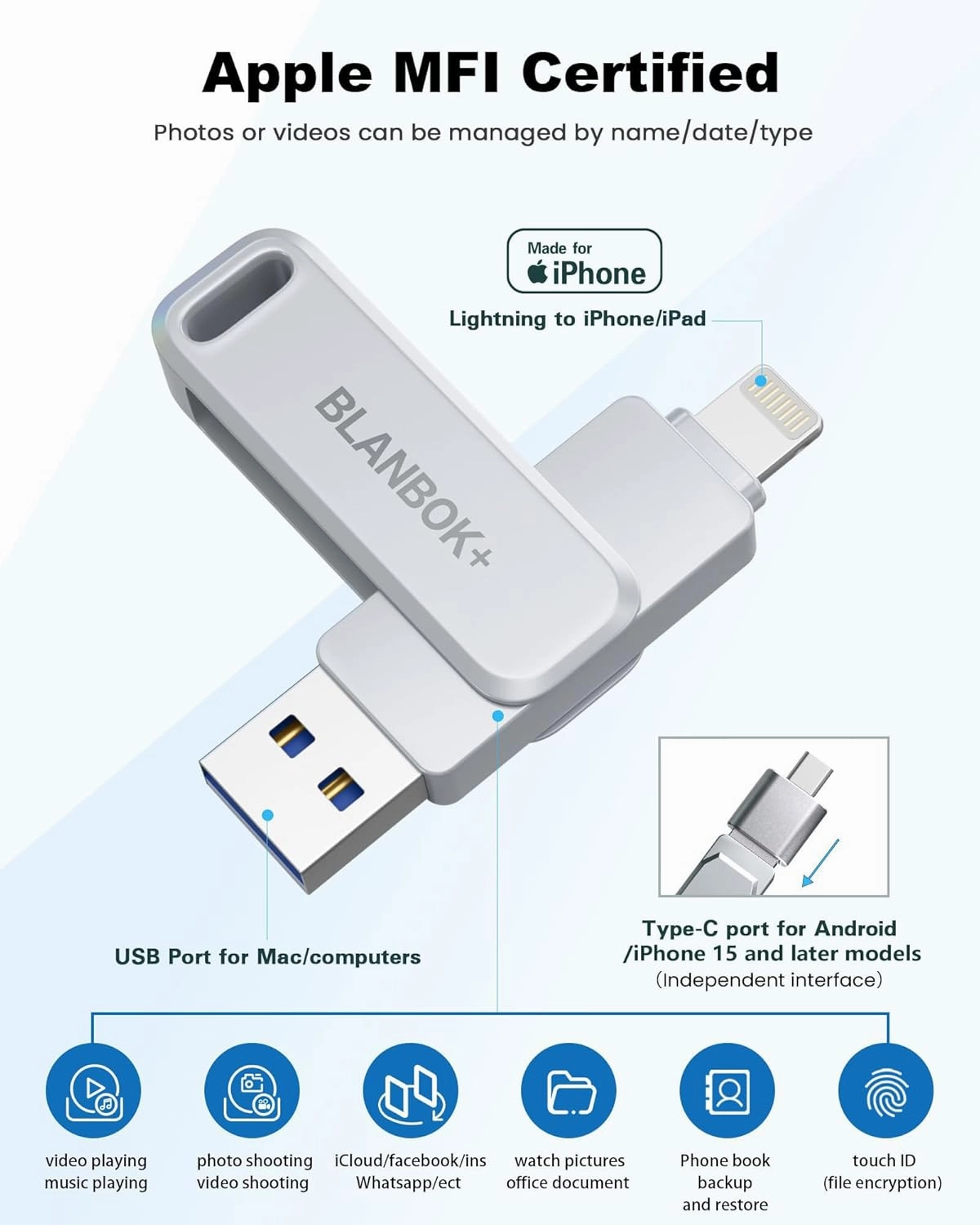 MFi Certified 128GB Photo Stick for iPhone Flash Drive,USB Memory Stick Thumb Drives High Speed USB Stick External Storage Compatible for iPhone/iPad/Android/PC